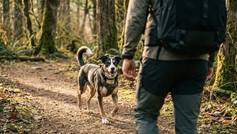 Dog happily trotting alongside rucker on trail