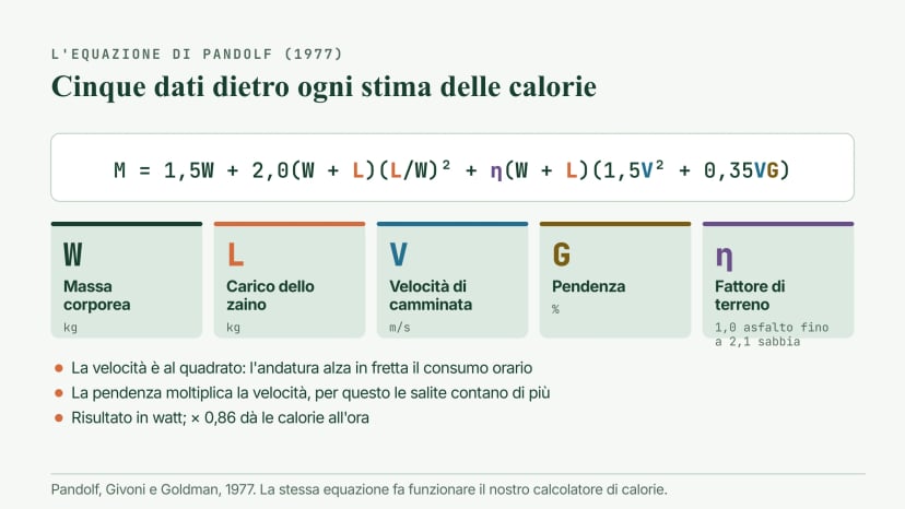 L'equazione di Pandolf per la camminata con carico, M = 1,5W + 2,0(W + L)(L/W)² + η(W + L)(1,5V² + 0,35VG), con i suoi cinque dati: massa corporea, carico, velocità, pendenza e un fattore di terreno da 1,0 su asfalto a 2,1 sulla sabbia