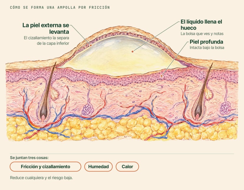 Corte transversal de la piel con una ampolla por fricción, con rótulos: la piel externa se levanta, el líquido llena el hueco y la piel profunda queda intacta debajo; la fricción y el cizallamiento, la humedad y el calor la provocan juntos