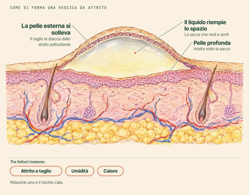 Sezione della pelle con una vescica da attrito, con etichette: la pelle esterna si solleva, il liquido riempie lo spazio e la pelle profonda resta intatta sotto; attrito e taglio, umidità e calore insieme la causano