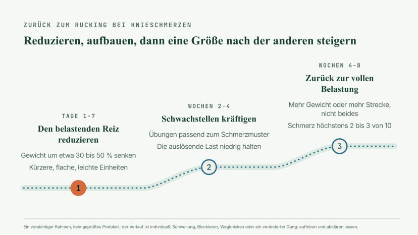 Rückkehr zum Rucking bei Knieschmerzen in drei Phasen: Tage 1 bis 7 die belastende Last reduzieren, Gewicht um etwa 30 bis 50 Prozent senken, kürzere flache Einheiten; Wochen 2 bis 4 Schwachstellen mit passenden Übungen kräftigen; Wochen 4 bis 8 schrittweise zur vollen Belastung, eine Größe nach der anderen