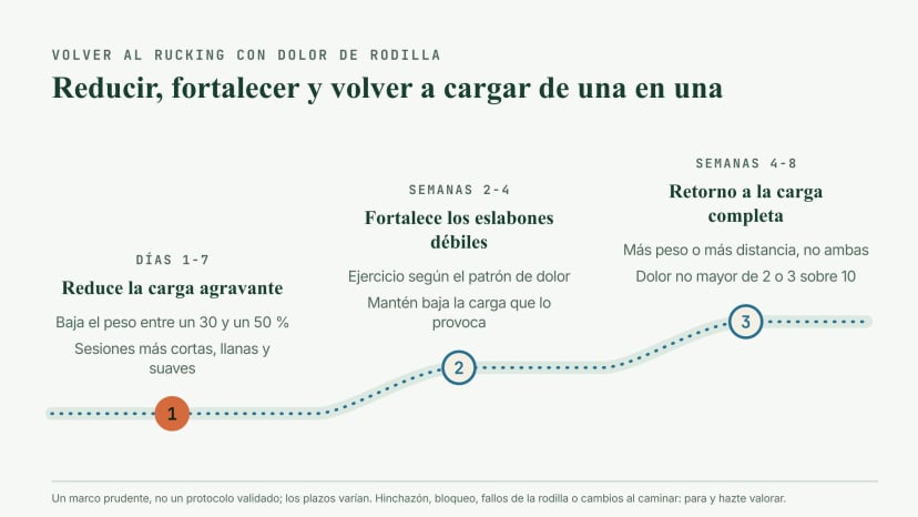 Vuelta al rucking con dolor de rodilla en tres fases: días 1 a 7, reducir la carga agravante bajando el peso entre un 30 y un 50 por ciento en sesiones cortas y llanas; semanas 2 a 4, fortalecer los eslabones débiles con ejercicio según el patrón de dolor; semanas 4 a 8, volver a la carga completa variable a variable