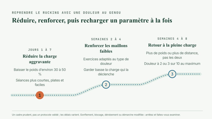 Reprise du rucking avec une douleur au genou en trois phases : jours 1 à 7, réduire la charge aggravante en baissant le poids de 30 à 50 pour cent sur des séances courtes et plates ; semaines 2 à 4, renforcer les maillons faibles avec des exercices adaptés ; semaines 4 à 8, revenir à la pleine charge un paramètre à la fois