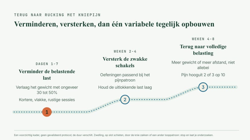 Terug naar rucking met kniepijn in drie fasen: dag 1 tot 7 de belastende last verminderen door het gewicht met ongeveer 30 tot 50 procent te verlagen op kortere vlakke sessies; week 2 tot 4 de zwakke schakels versterken met passende oefeningen; week 4 tot 8 terug naar volledige belasting, één variabele tegelijk