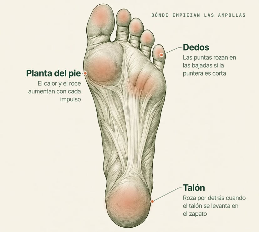 Diagrama de la planta del pie con los puntos calientes de ampollas más comunes marcados en el talón, la almohadilla del pie y los dedos