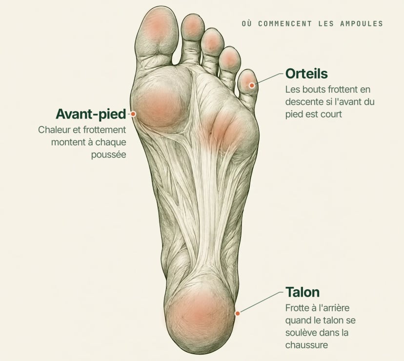 Schéma de la plante du pied avec les zones d'ampoules les plus fréquentes marquées au talon, sous l'avant-pied et aux orteils