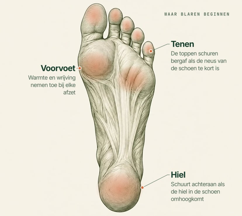 Diagram van de voetzool met de veelvoorkomende blaarplekken gemarkeerd bij de hiel, de bal van de voet en de tenen