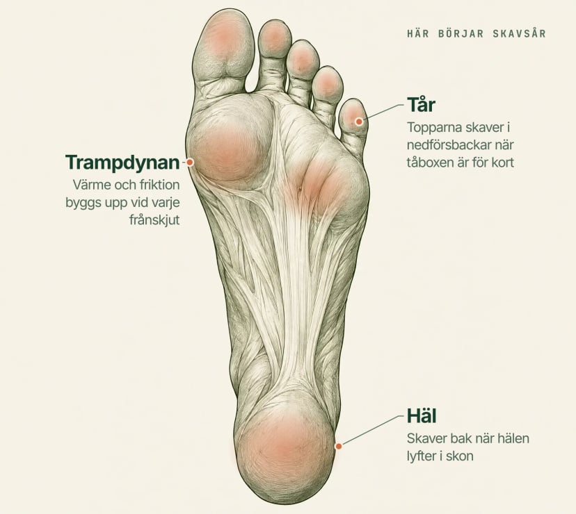 Diagram över fotsulan med de vanliga blåspunkterna markerade vid hälen, trampdynan och tårna