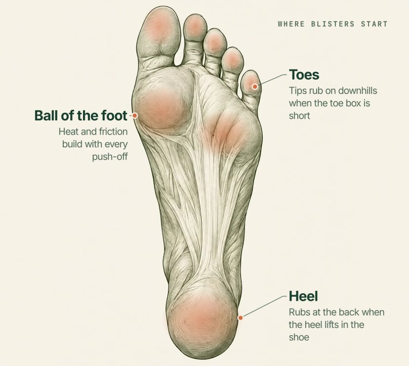 Diagram of the sole of a foot with the common blister hot spots marked at the heel, ball of the foot and toes