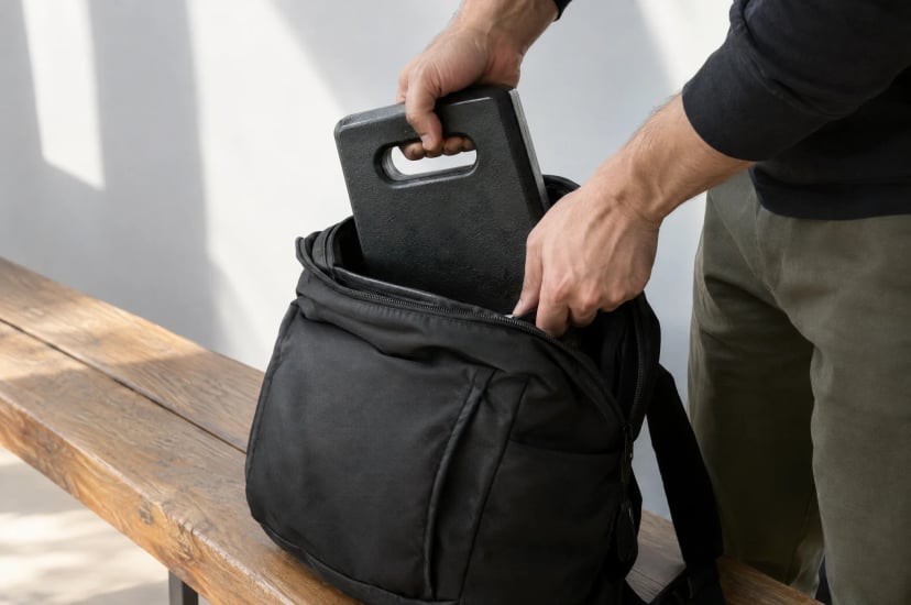 Hands lowering a black steel weight plate with a cut-out handle into a plain black backpack on a wooden bench