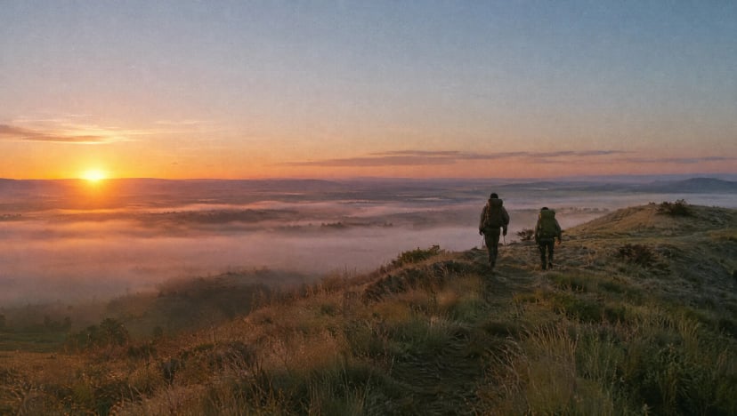 Two people with backpacks walking a grassy ridge at sunrise above a valley filled with mist