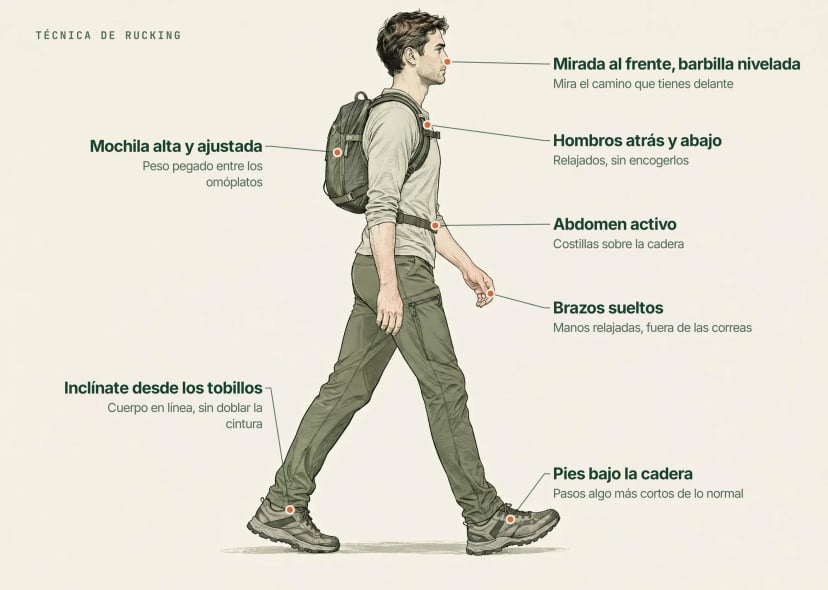 Dibujo anotado de una persona haciendo rucking: hombros atrás y abajo, mochila alta en la espalda, core firme, ligera inclinación hacia adelante desde los tobillos, zancada natural
