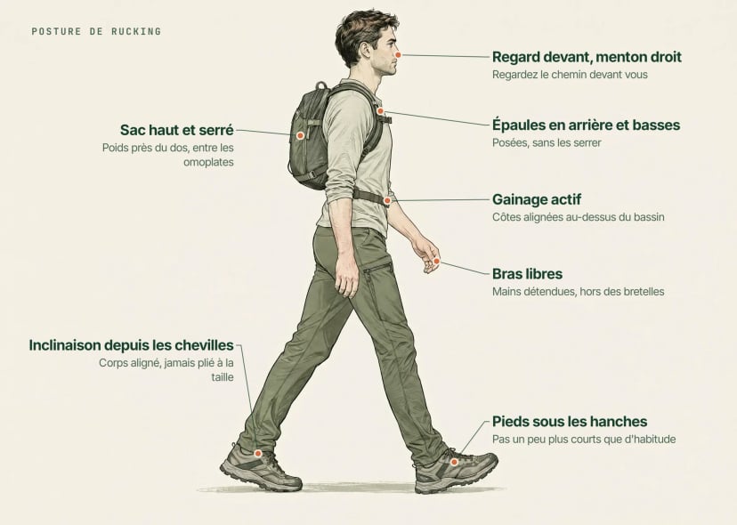 Dessin annoté d'un ruckeur : épaules en arrière et vers le bas, sac haut sur le dos, gainage actif, léger penché en avant depuis les chevilles, foulée naturelle