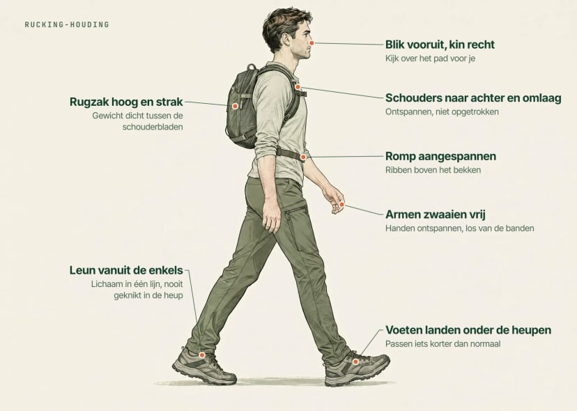 Geannoteerde tekening van een rucker: schouders naar achteren en omlaag, rugzak hoog op de rug, core aangespannen, lichte voorwaartse leun vanuit de enkels, natuurlijke pas