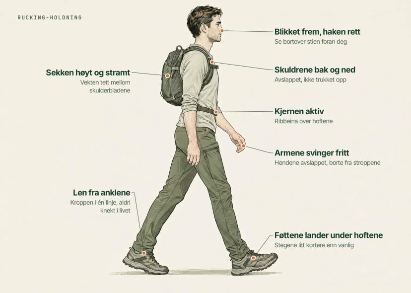 Annotert tegning av en rucker: skuldre tilbake og ned, sekken høyt på ryggen, kjernemuskulaturen spent, lett fremoverlening fra anklene, naturlig steg