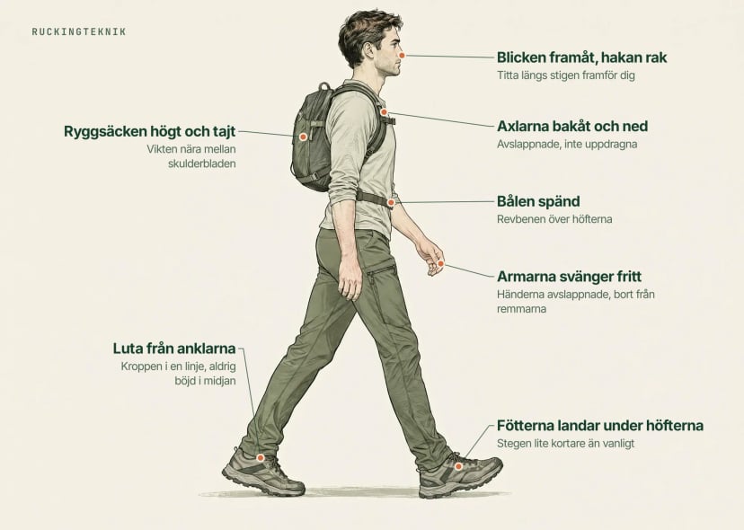 Annoterad teckning av en ruckare: axlarna bakåt och nedåt, ryggsäcken högt på ryggen, spänd bål, lätt framåtlutning från anklarna, naturligt steg