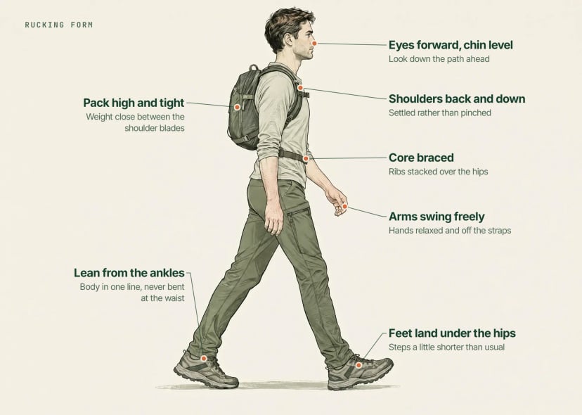 Illustration of a rucker walking in profile, labelled: eyes forward and chin level, shoulders back and down, pack high and tight, core braced, arms swinging freely, a lean from the ankles and feet landing under the hips