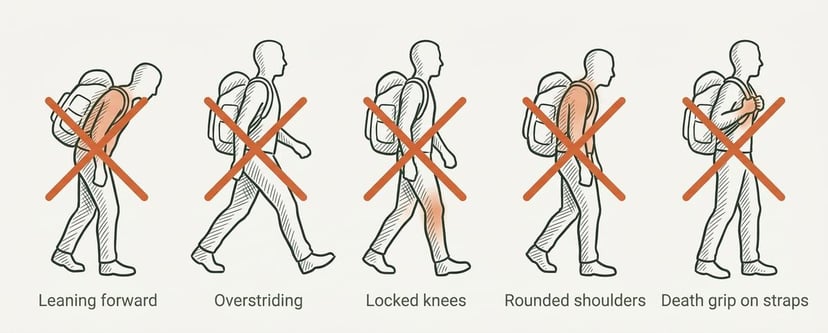 Five silhouettes showing common rucking form mistakes: leaning forward, overstriding, locked knees, rounded shoulders, and death grip on straps