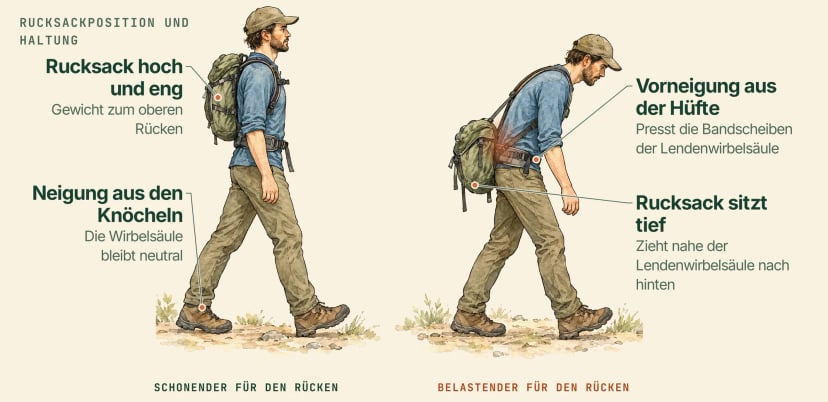 Illustration derselben Person zweimal: links sitzt der Rucksack hoch und eng, die Neigung kommt aus den Knöcheln; rechts hängt er tief an der Lendenwirbelsäule und die Person beugt sich aus der Hüfte vor, was die unteren Bandscheiben belastet