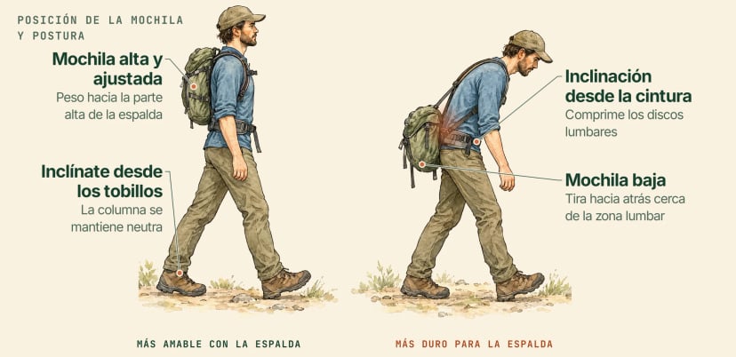 Ilustración de la misma persona dos veces: a la izquierda la mochila va alta y ajustada y la inclinación sale de los tobillos; a la derecha cuelga baja junto a la zona lumbar y la persona se dobla por la cintura, lo que comprime los discos lumbares