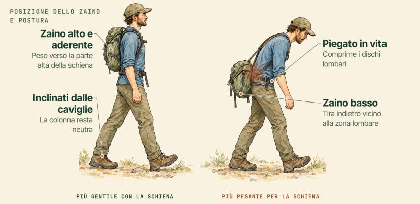 Illustrazione della stessa persona due volte: a sinistra lo zaino è alto e aderente e l'inclinazione parte dalle caviglie; a destra pende basso vicino alla zona lombare e la persona si piega in vita, comprimendo i dischi lombari