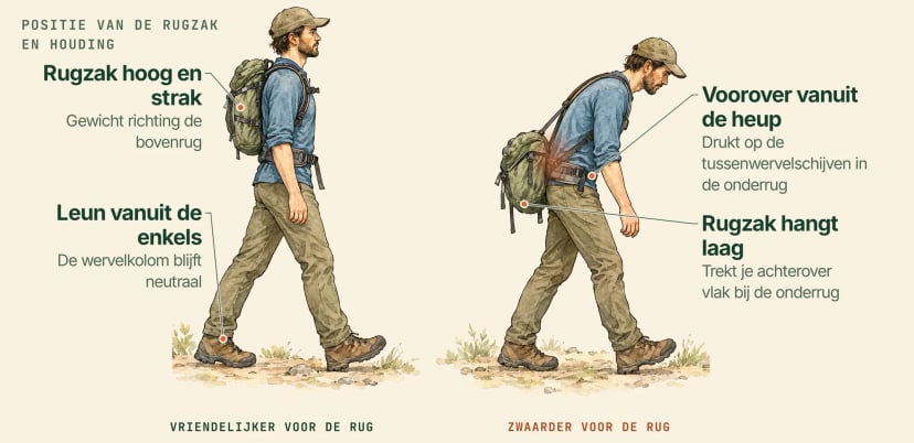 Illustratie van dezelfde persoon twee keer: links zit de rugzak hoog en strak en komt de lichte helling uit de enkels; rechts hangt hij laag bij de onderrug en buigt de persoon voorover vanuit de heup, wat de tussenwervelschijven onderin samendrukt
