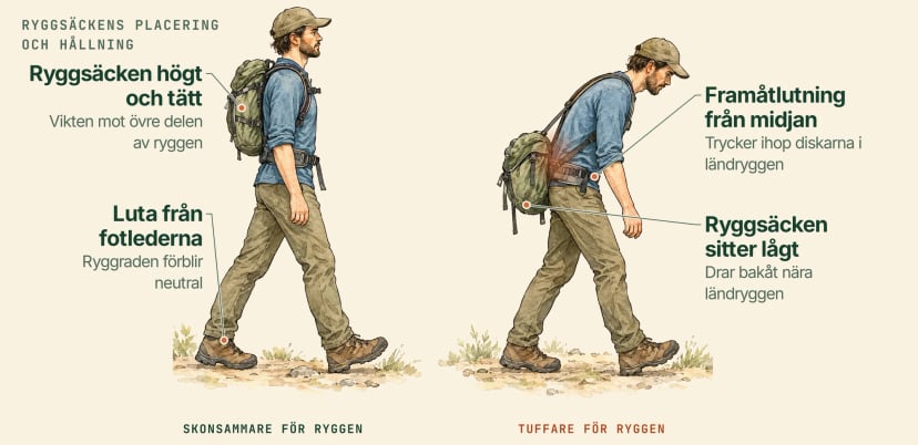 Illustration av samma person två gånger: till vänster sitter ryggsäcken högt och tätt och lutningen kommer från fotlederna; till höger hänger den lågt vid ländryggen och personen böjer sig framåt från midjan, vilket trycker ihop diskarna i ländryggen