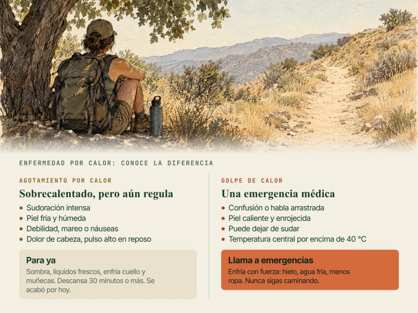 Ilustración de un rucker que descansa a la sombra de un árbol junto a un sendero soleado, con dos paneles: agotamiento por calor (sudoración intensa, piel fría y húmeda, mareo o náuseas: parar, sombra, líquidos, descanso) y golpe de calor (confusión, piel caliente y enrojecida, puede dejar de sudar, más de 40 °C: llamar a emergencias y enfriar con fuerza)