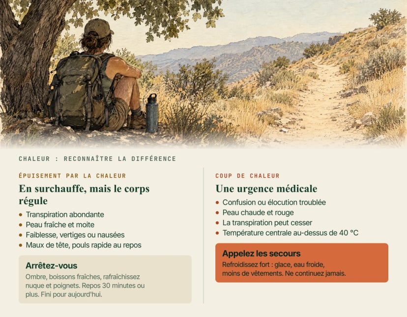 Illustration d'un marcheur au repos à l'ombre d'un arbre près d'un sentier brûlé par le soleil, avec deux encadrés : épuisement par la chaleur (transpiration abondante, peau fraîche et moite, vertiges ou nausées : arrêt, ombre, boire, repos) et coup de chaleur (confusion, peau chaude et rouge, la transpiration peut cesser, plus de 40 °C : appeler les secours et refroidir fort)