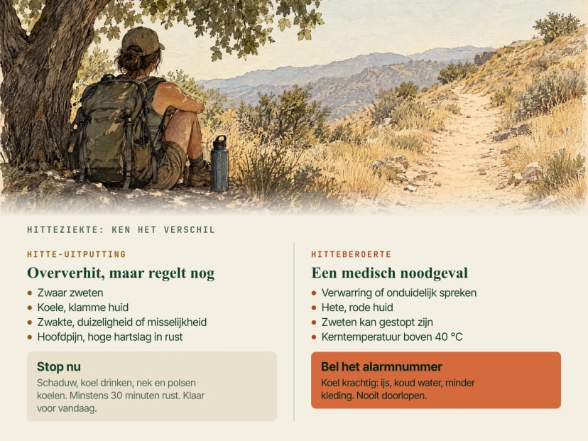 Illustratie van een rucker die rust in de schaduw van een boom naast een zonovergoten pad, met twee vakken: hitte-uitputting (zwaar zweten, koele klamme huid, duizeligheid of misselijkheid: stoppen, schaduw, drinken, rusten) en hitteberoerte (verwarring, hete rode huid, zweten kan stoppen, boven 40 °C: alarmnummer bellen en krachtig koelen)