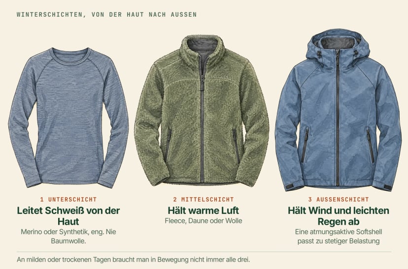 Illustration von drei Kleidungsstücken von links nach rechts: ein dünnes Unterschicht-Shirt, das Schweiß von der Haut leitet (Merino oder Synthetik, nie Baumwolle), eine Fleece-Mittelschicht, die warme Luft hält, und eine Softshell mit Kapuze gegen Wind und leichten Regen