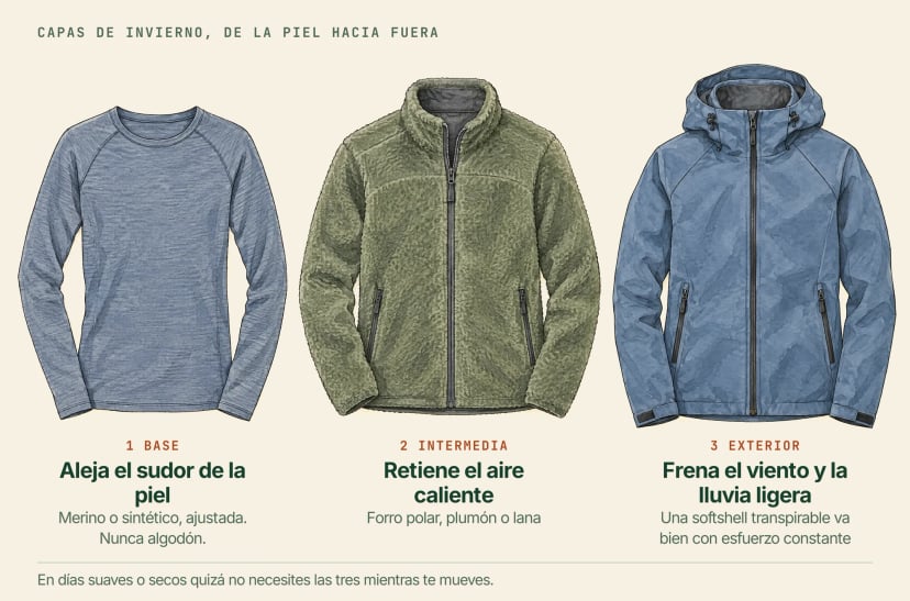 Ilustración de tres prendas de izquierda a derecha: una camiseta base fina que aleja el sudor de la piel (merino o sintética, nunca algodón), una capa intermedia de forro polar que retiene el aire caliente y una softshell con capucha que frena el viento y la lluvia ligera