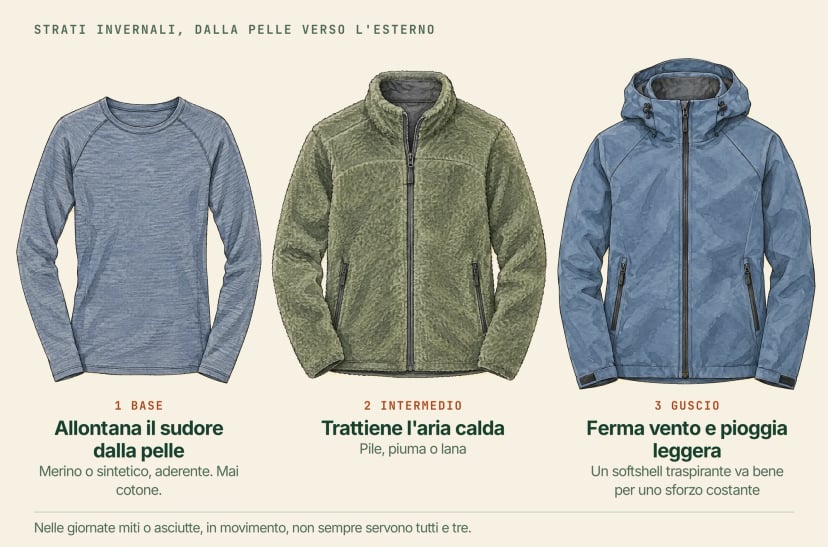 Illustrazione di tre capi da sinistra a destra: una maglia base sottile che allontana il sudore dalla pelle (merino o sintetica, mai cotone), uno strato intermedio in pile che trattiene l'aria calda e un softshell con cappuccio che ferma vento e pioggia leggera
