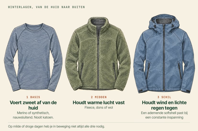 Illustratie van drie kledingstukken van links naar rechts: een dun basisshirt dat zweet van de huid afvoert (merino of synthetisch, nooit katoen), een fleece middenlaag die warme lucht vasthoudt en een softshell met capuchon tegen wind en lichte regen