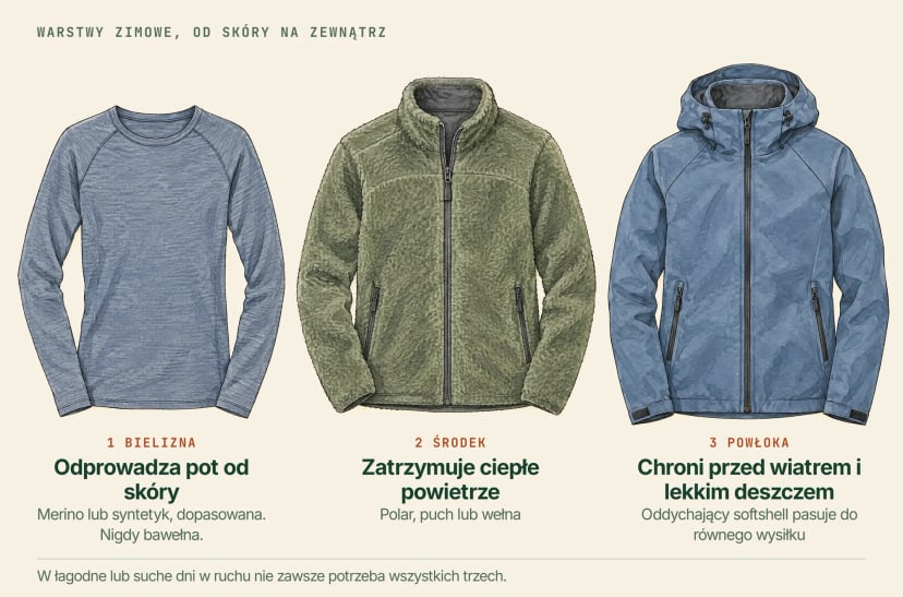 Ilustracja trzech ubrań od lewej do prawej: cienka koszulka bazowa odprowadzająca pot od skóry (merino lub syntetyk, nigdy bawełna), polarowa warstwa środkowa zatrzymująca ciepłe powietrze i softshell z kapturem chroniący przed wiatrem i lekkim deszczem