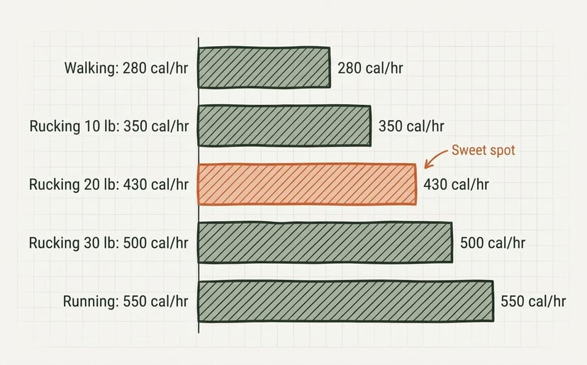 Horizontal bar chart comparing calories burned per hour: walking 280, rucking 10lb 350, rucking 20lb 430 (sweet spot), rucking 30lb 500, running 550