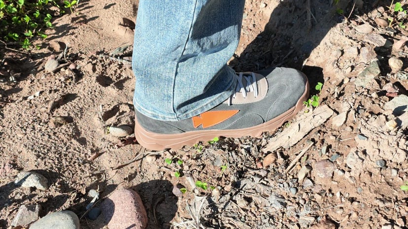 A Mackall 45 in Fog on my foot on a rocky dirt trail