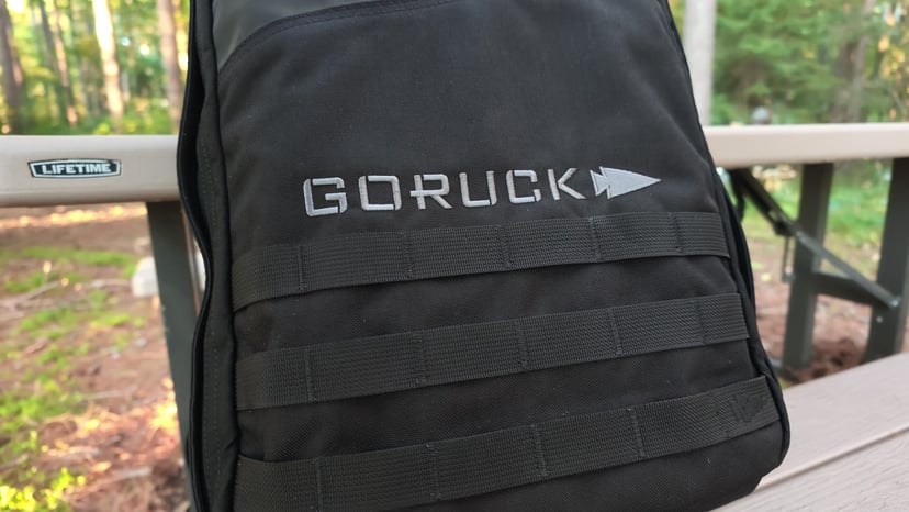 Front MOLLE webbing rows and the GORUCK wordmark on the 1000D CORDURA face of the Rucker 5.0