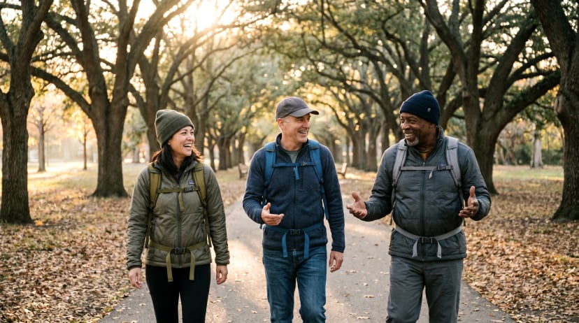 People walking together on a tree-lined path
