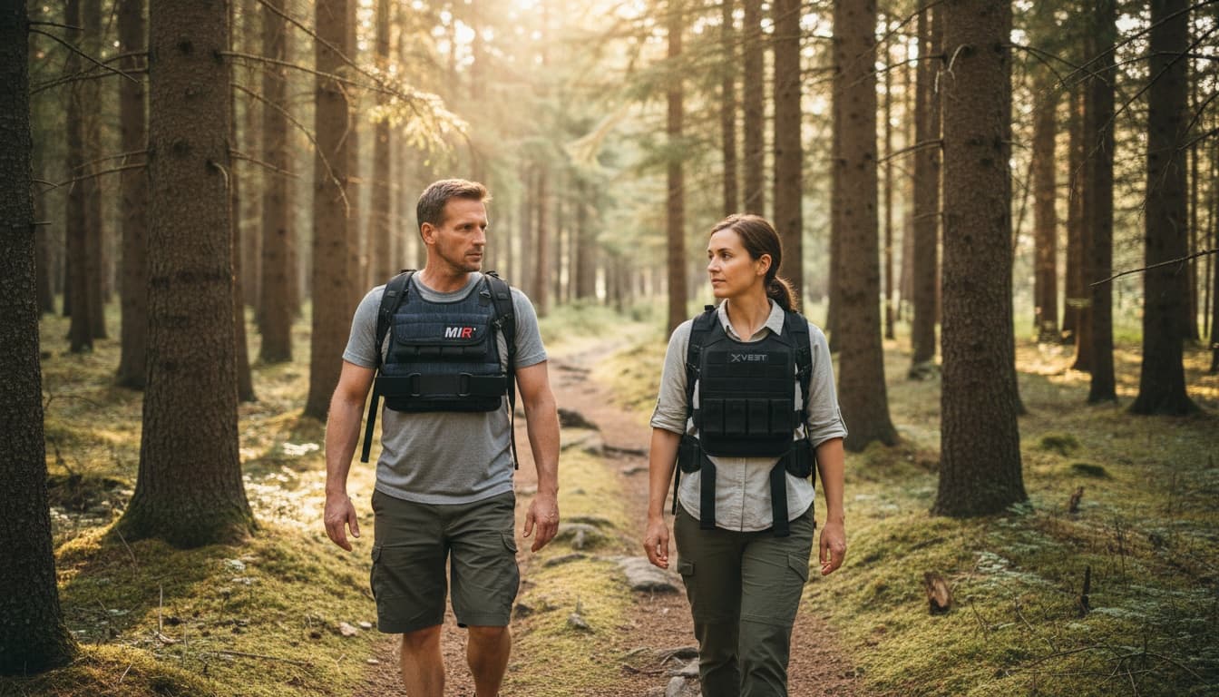 Two ruckers on a forest trail, one with the 5.11 Tactical TacTec Plate Carrier and one with the Condor Sentry Plate Carrier.