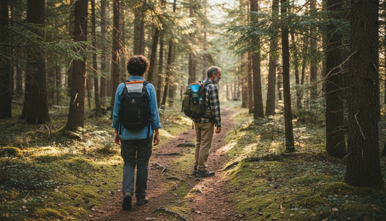 Two ruckers on a forest trail with their hydration bladders packed inside their rucksacks.