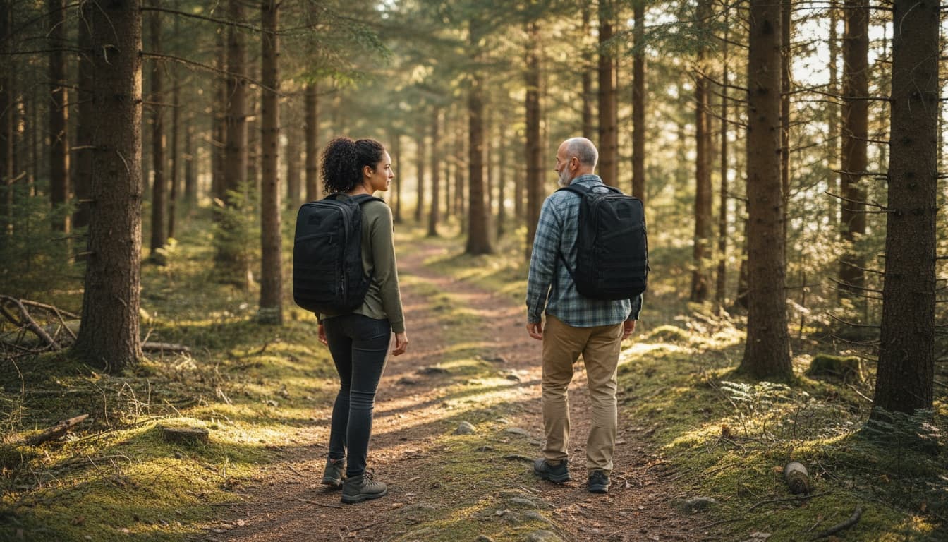 Two ruckers on a forest trail, one wearing the GORUCK GR1 USA and one wearing the GORUCK GR2.