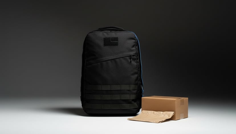 A sealed kraft GORUCK shipping box beside a coyote-tan Rucker 4.0 on deep navy seamless, hand resting on the haul handle - the direct-to-door transaction Tribe pays for