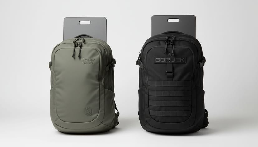 Mystery Ranch Urban Assault 21 in muted olive-grey beside a GORUCK Rucker 4.0 in black 1000D Cordura on clean off-white seamless, both with identical flat steel ruck plates inserted - the construction-quality difference reads without annotation
