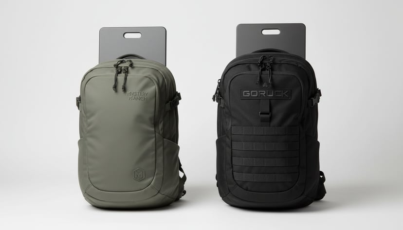 Mystery Ranch 2 Day Assault in muted olive-grey beside a GORUCK Rucker 4.0 in black 1000D Cordura on clean off-white seamless, both with identical flat steel ruck plates inserted - the construction-quality difference reads without annotation
