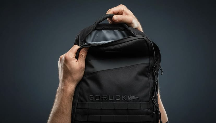 Craftsman's hands holding open the top collar of a GORUCK GR1, fingers pressing against a dense bartacked seam in tight studio close-up - the stitching that earns the SCARS guarantee