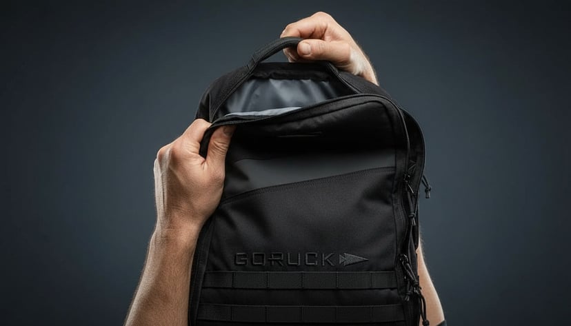 Craftsman's hands holding open the top collar of a GORUCK GR1, fingers pressing against a dense bartacked seam in tight studio close-up - the stitching that earns the SCARS guarantee