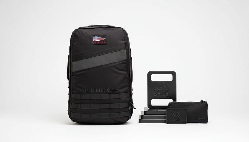 A GORUCK Rucker 4.0 beside a cluster of GORUCK ecosystem items - a flat-steel GORUCK 20LB ruck plate (the rectangular brick form, not a round barbell plate), a stack of additional plates, a GORUCK patch, and a small black accessory pouch - communicating the accumulation that follows the first pack purchase