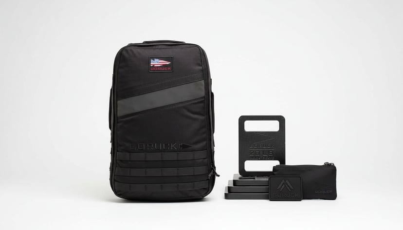A GORUCK Rucker 4.0 beside a cluster of GORUCK ecosystem items - a flat-steel GORUCK 20LB ruck plate (the rectangular brick form, not a round barbell plate), a stack of additional plates, a GORUCK patch, and a small black accessory pouch - communicating the accumulation that follows the first pack purchase