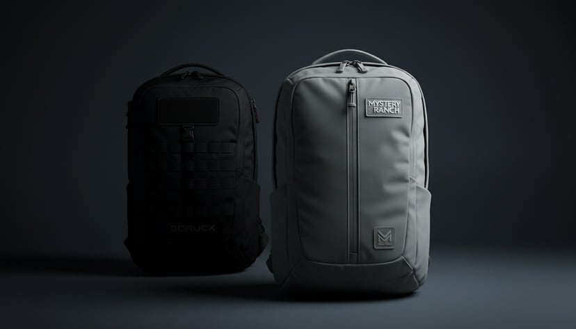 A Mystery Ranch 2 Day Assault in muted grey standing fully-lit in the foreground beside a shadowed GORUCK Rucker 4.0 receding into the background - the visual call when budget alternatives win the math